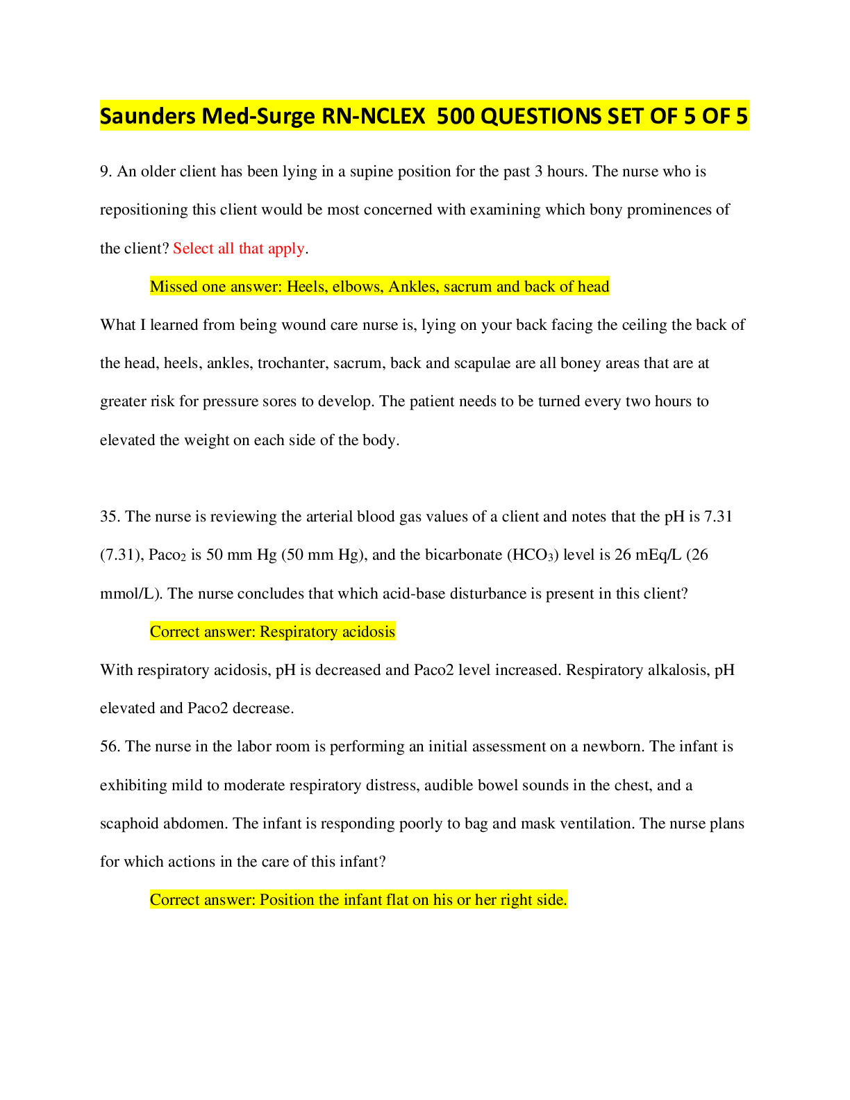 Preview of Saunders Med-Surge RN-NCLEX 500 QUESTIONS SET OF 5 OF 5 (Complete) Questions and Answers w